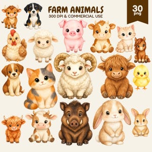 Farm Animals Clipart PNG, Cute Kawaii Barnyard Animals, Watercolor Cow Pig Sheep Goat Horse Duck, Nursery Sticker Clip Art