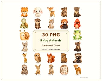 かわいい赤ちゃん動物のクリップアートPNGバンドル、水彩画風の赤ちゃん動物の透明PNG画像30点、保育園向け動物クリップアート、商用利用可能なデジタルダウンロード