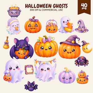 Op de afbeelding: Een verzameling van 40 digitale Halloween-illustraties met geesten, pompoenen, vleermuizen, een spin, een heksenhoed, een maansikkel, een bezem en een ketel. De tekst HALLOWEEN GHOSTS 300 DPI & COMMERCIAL USE staat bovenaan afgebeeld.