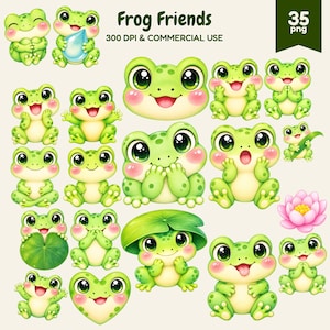 May include: A digital collection of 35 PNG illustrations titled Frog Friends, featuring various green frogs with large eyes, pink cheeks, and expressive poses, including frogs with lily pads, a heart shape, and a pink lotus flower.