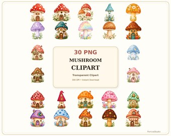 かわいいキノコのクリップアートバンドル、30個のPNGキノココテージクリップアート、気まぐれな妖精の庭のグラフィック、透明PNG、ステッカープランナーデザイン
