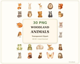 かわいい森の動物のクリップアートPNGバンドル、森の動物の透明PNGファイル30点、保育園のステッカー昇華印刷商用利用可