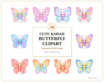 Cute Kawaii Butterfly Clipart, 30 Transparent PNG Bundle, Pastel Watercolor Butterflies, Spring Nursery Party Sticker Graphics
