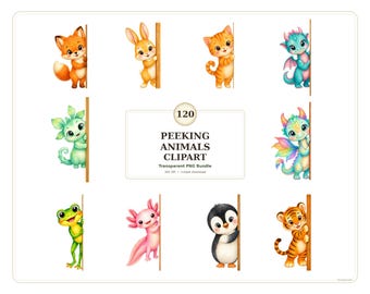 120 Right Peeking Animals Clipart PNG Bundle, Cute Peekaboo Animal Transparent PNG, Funny Creature Graphics for Stickers, Cards