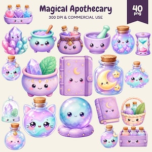 Może przedstawiać: Cyfrowa kolekcja 40 ilustracji Magical Apothecary przedstawiająca pastelowe buteleczki z miksturami, kryształy, księgi zaklęć, kociołki i kulę wróżbiarską, wszystkie z uroczymi buźkami. Widoczny jest tekst Magical Apothecary 300 DPI & COMMERCIAL USE.