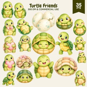 Puede incluir: Una colección digital de 35 ilustraciones que muestran tortugas de dibujos animados en varias poses, incluyendo tortugas con lazos rosas, corazones y gafas, junto a huevos moteados, con el texto Turtle Friends 300 DPI & COMMERCIAL USE.