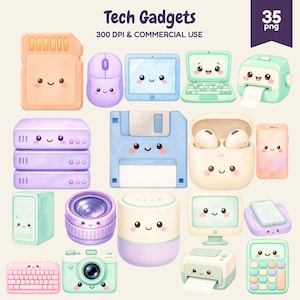 Può includere: Una collezione di illustrazioni digitali raffiguranti vari gadget tecnologici, tra cui una scheda di memoria, un mouse, un tablet, un portatile, una stampante, un server, un floppy disk, auricolari, smartphone, fotocamera, altoparlante, monitor, tastiera e calcolatrice con volti.