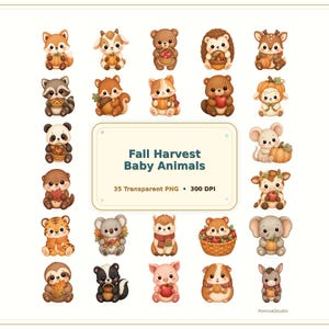 Fall Harvest Animals Clipart PNG, Cute Kawaii Autumn Baby Animals, Pumpkin Apple Acorn, Kids Fall Clip Art