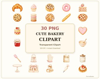 かわいいベーカリーのクリップアートPNGバンドル、30種類の焼き菓子の透明PNGファイル、ケーキ、ペストリー、デザートのクリップアート（商用利用可）