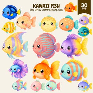 Puede incluir: Una colección de 30 ilustraciones digitales de varios peces coloridos con ojos grandes y caras sonrientes. El texto KAWAII FISH 300 DPI & COMMERCIAL USE se muestra en la parte superior, con una banda marrón que indica 30 archivos png.
