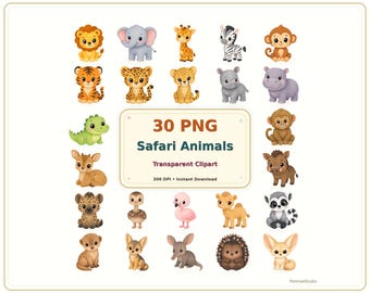 かわいい赤ちゃんサファリ動物クリップアート、透明PNG画像30点セット、かわいい動物園の動物、保育園サファリグラフィック、キッズパーティーステッカー