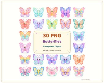 かわいいカワイイ蝶のクリップアート、透明PNG画像30点セット、パステルカラーの水彩蝶、春の保育園パーティー用ステッカーグラフィック