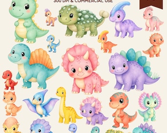 May include: A collection of 30 digital illustrations of baby dinosaurs in various colors including green, pink, blue, purple, and orange. The text BABY DINOSAURS 300 DPI & COMMERCIAL USE is displayed at the top. The dinosaurs feature large eyes.