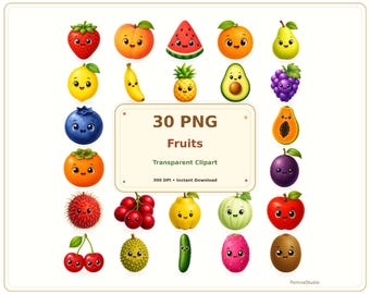 かわいいカワイイフルーツのクリップアートPNGバンドル、透明なフルーツPNG 30枚、イチゴ、スイカ、リンゴのクリップアート、商用利用可能なデジタルダウンロード