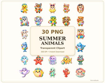 かわいい夏の動物クリップアートバンドル、30種類のPNGプールパーティー動物、ビーチパーティークリップアート、透明PNGデジタルダウンロード