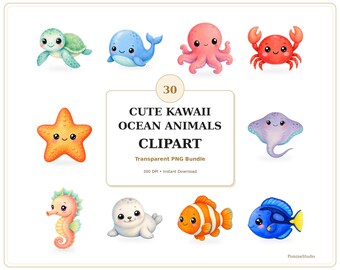 Cute Kawaii Ocean Animals Clipart, 30 Transparent PNG Bundle, Pastel Watercolor Sea Creatures, Nursery Party Stickers