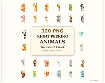 120 右から覗く動物のクリップアート PNG バンドル、かわいいいないいないばあ動物の透明 PNG、ステッカーやカード用の面白い生き物のグラフィック