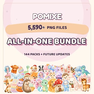 Puede incluir: Un paquete gráfico digital titulado POMIXE 5,590+ PNG FILES ALL-IN-ONE BUNDLE 144 PACKS + FUTURE UPDALES. La imagen muestra una colección de ilustraciones coloridas estilo caricatura, incluyendo animales, criaturas míticas y elementos naturales.