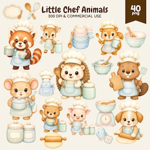 Chef Animals Clipart PNG Bundle, Cute Kawaii Kitchen Animals, Baking Tools Recipe Cards, Kids Cooking Party Clip Art