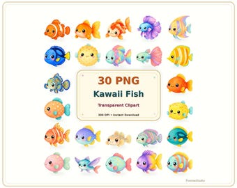 かわいいカワイイ魚のクリップアート、透明PNG画像30点セット、パステル水彩魚、海のパーティーステッカー、子供部屋用グラフィック