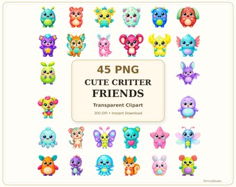 かわいい動物の友達のクリップアートPNGバンドル50点、風変わりな生き物のクリップアート、かわいいファンタジー動物、保育園のステッカー、プランナークラフト