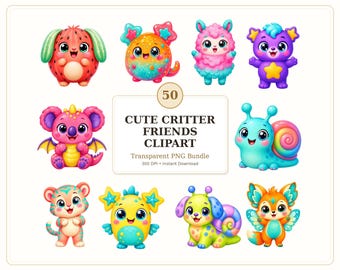 50 Cute Critter Friends Clipart PNG Bundle, Whimsical Creature Clipart, Kawaii Fantasy Animals, Nursery Stickers, Planner Crafts