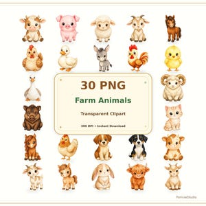 May include: A collection of 30 digital farm animal illustrations including a cow, pig, sheep, goat, horse, chicken, duck, donkey, rooster, chick, ram, cat, dog, and rabbit. The central text reads 30 PNG Farm Animals Transparent Clipart 300 DPI Instant Download.
