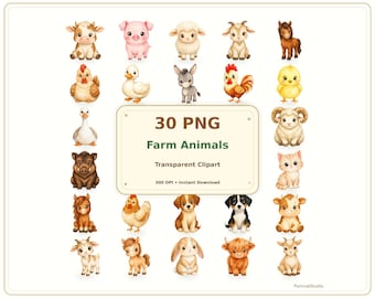 かわいい農場動物のクリップアートPNGバンドル、透明な農場動物PNG 30枚、かわいい納屋の動物のクリップアート、保育園のデジタルダウンロード