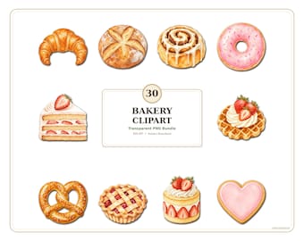Cute Bakery Clipart PNG Bundle, 30 Baking Treats Transparent PNG Files, Cake Pastry Dessert Clipart Commercial Use