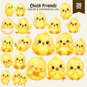 May include: A digital collection of 35 yellow chick illustrations featuring various poses and expressions. The text Chick Friends 300 DPI & COMMERCIAL USE is displayed at the top. Each chick has orange feet and beaks with large black eyes.
