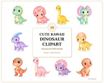 Cute Kawaii Dinosaur Clipart, 30 Transparent PNG Bundle, Pastel Watercolor Baby Dino, Nursery Party Sticker Graphics