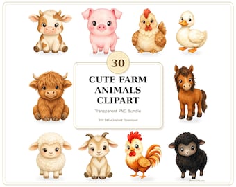 Cute Farm Animals Clipart PNG Bundle, 30 Transparent Farm Animal PNG, Kawaii Barnyard Animal Clip Art, Nursery Digital Download