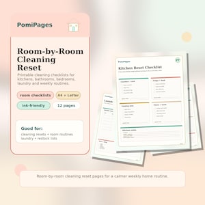 Könnte beinhalten: Ein Set aus druckbaren Reinigungs-Checklisten mit dem Titel Room-by-Room Cleaning Reset von PomiPages. Die Seiten enthalten eine Kitchen Reset Checklist mit Abschnitten für Arbeitsflächen, Spüle, Kühlschrank, Lebensmittel, Kochbereich und Müll.