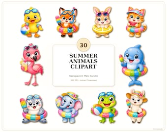 Cute Summer Animals Clipart Bundle, 30 PNG Pool Party Animals, Beach Party Clip Art, Transparent PNG Digital Download