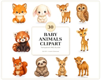 Cute Baby Animals Clipart PNG Bundle, 30 Watercolor Baby Animal Transparent PNG, Nursery Animal Clip Art, Commercial Use Digital Download