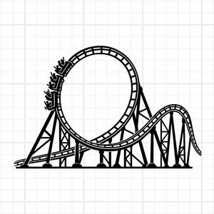 Puede incluir: Una ilustración gráfica negra de una montaña rusa sobre un fondo de cuadrícula blanca. El diseño muestra un tren con pasajeros subiendo un gran bucle circular y descendiendo hacia una colina más pequeña, sostenido por una estructura de acero.