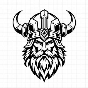 Könnte beinhalten: Eine schwarz-weiße grafische Illustration eines Wikinger-Kriegerkopfes. Die Figur trägt einen gehörnten Helm mit detaillierten Metallplatten und hat einen dicken, fließenden Bart sowie einen Schnurrbart. Das Design ist in kontrastreichen Linien gehalten.