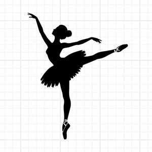 Peut inclure: Une silhouette noire représentant une danseuse de ballet dans une pose avec une jambe étendue horizontalement et l'autre soutenant le corps sur la pointe. La danseuse porte un tutu et des chaussons de ballet avec des rubans noués aux chevilles.
