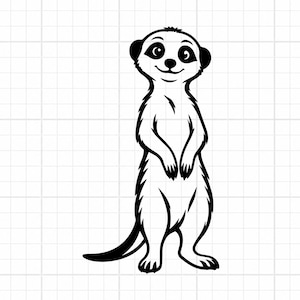 Könnte beinhalten: Eine schwarz-weiße grafische Illustration eines Erdmännchens, das aufrecht in einer wachsamen Haltung steht. Das Design zeigt klare, kräftige Linien, die das Fell, die Gesichtszüge und den Schwanz des Tieres auf einem weißen Rasterhintergrund umreißen.