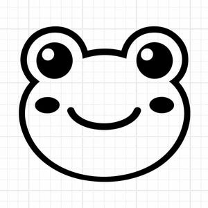 Könnte beinhalten: Eine schwarz-weiße Strichzeichnung eines Froschgesichts. Das Design zeigt eine abgerundete Kopfform mit zwei großen kreisförmigen Augen, die kleinere weiße Glanzlichter enthalten, zwei ovalen Wangenflecken und einem einfachen geschwungenen Mund.
