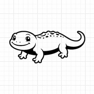 May include: A black and white graphic illustration of a smiling lizard. The lizard is depicted in a side profile view with a curved tail, four legs, and a series of small spots along its back, presented against a light grid background.
