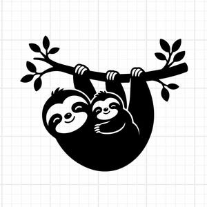 May include: A black silhouette graphic of a parent sloth and a baby sloth hanging from a tree branch with leaves. The design features two sloths with smiling expressions, rendered in a solid black color against a white grid background.