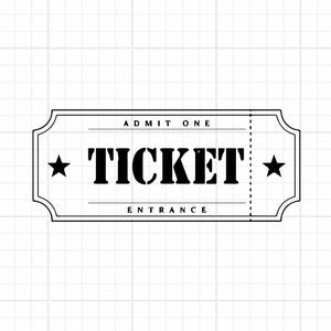 Puede incluir: Un gráfico de ticket rectangular en blanco y negro con el texto ADMIT ONE en la parte superior y ENTRANCE en la parte inferior. La palabra TICKET está centrada en letras grandes y negritas, flanqueada por dos estrellas negras, dentro de un borde.
