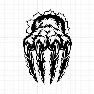 May include: A black and white graphic illustration of a furry animal paw with sharp claws, depicted as if it is tearing through a surface. The design features bold lines and high contrast, showcasing the textured fur and pointed claw tips.