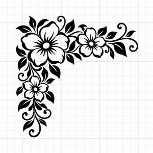 May include: A black floral corner decal featuring three prominent blossoms and several leaves arranged in an L-shape. The design includes intricate swirling vines and stems, creating a symmetrical botanical pattern on a white grid background.
