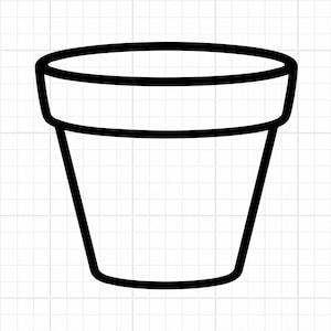 Pode incluir: Um desenho de linha simples em preto e branco de um vaso de flores. A ilustração apresenta um contorno preto espesso que forma a silhueta de um recipiente cônico com uma borda larga no topo, sobre um fundo com padrão de grade branca.