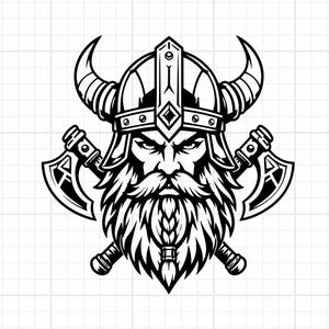 May include: A black and white graphic illustration of a Viking warrior wearing a horned helmet. The figure has a thick, braided beard and is positioned in front of two crossed battle axes. The design features bold lines and high contrast.