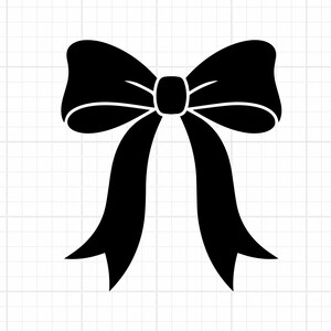 May include: A solid black graphic illustration of a decorative bow featuring two symmetrical loops and two long, downward-hanging ribbon tails with pointed ends, centered against a white background with a faint light gray grid pattern overlay.