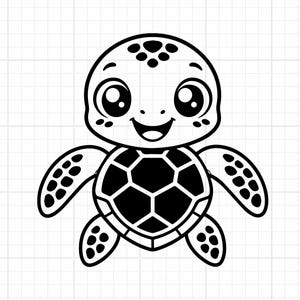 Può includere: Un'illustrazione in bianco e nero a tratto di una piccola tartaruga marina sorridente. La tartaruga presenta grandi occhi espressivi, un guscio con motivi esagonali e pinne maculate, il tutto su uno sfondo con motivo a griglia.