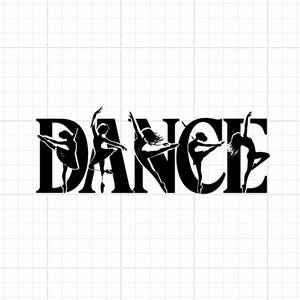 Op de afbeelding: Een zwarte grafische sticker met het woord DANCE in een vetgedrukt schreeflettertype. Elke letter is geïntegreerd met een silhouet van een danser in een andere pose, met diverse balletbewegingen tegen een witte achtergrond met raster.